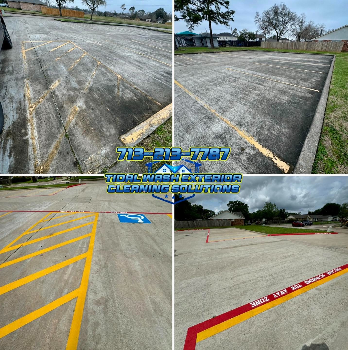 Professional parking lot striping in League City TX with fire lanes, ADA spaces, and custom layouts.