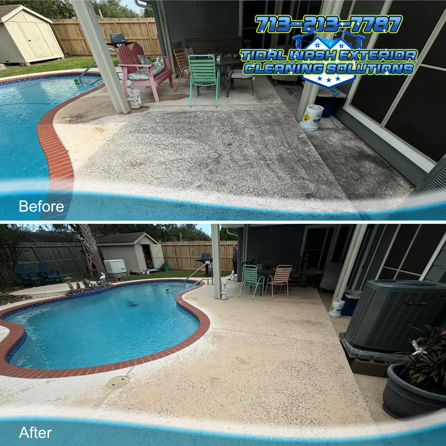 Restored poolside concrete and patio walkways after expert stain removal in League City, TX by Tidal Wash