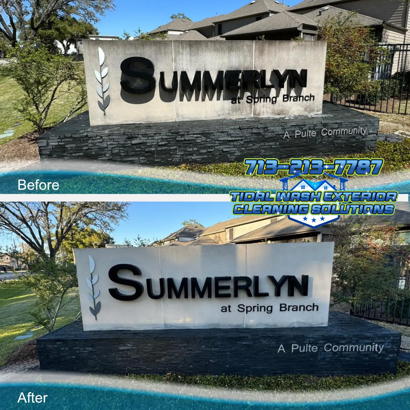 HOA sign soft wash restoration in Spring, Texas showing cleaned, restored surface by Tidal Wash Exterior Cleaning.