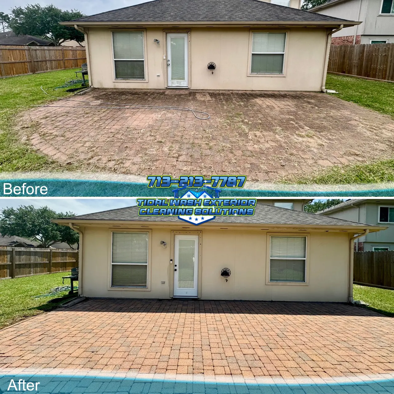 Dickinson Patio Paver Grass and Organic Growth Cleaning Summary Dickinson patio paver cleaning summary showing grass and organic growth removal in Bay Colony