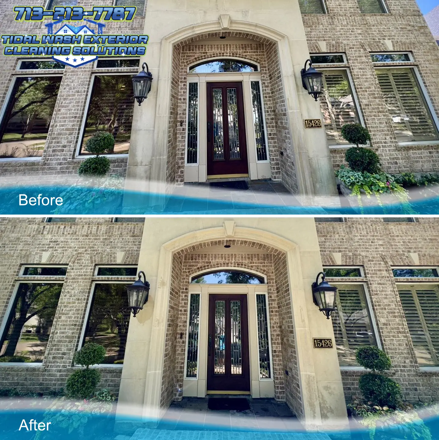Cleaned stone entry at Bay Oaks home showing final results after removing algae and mildew buildup