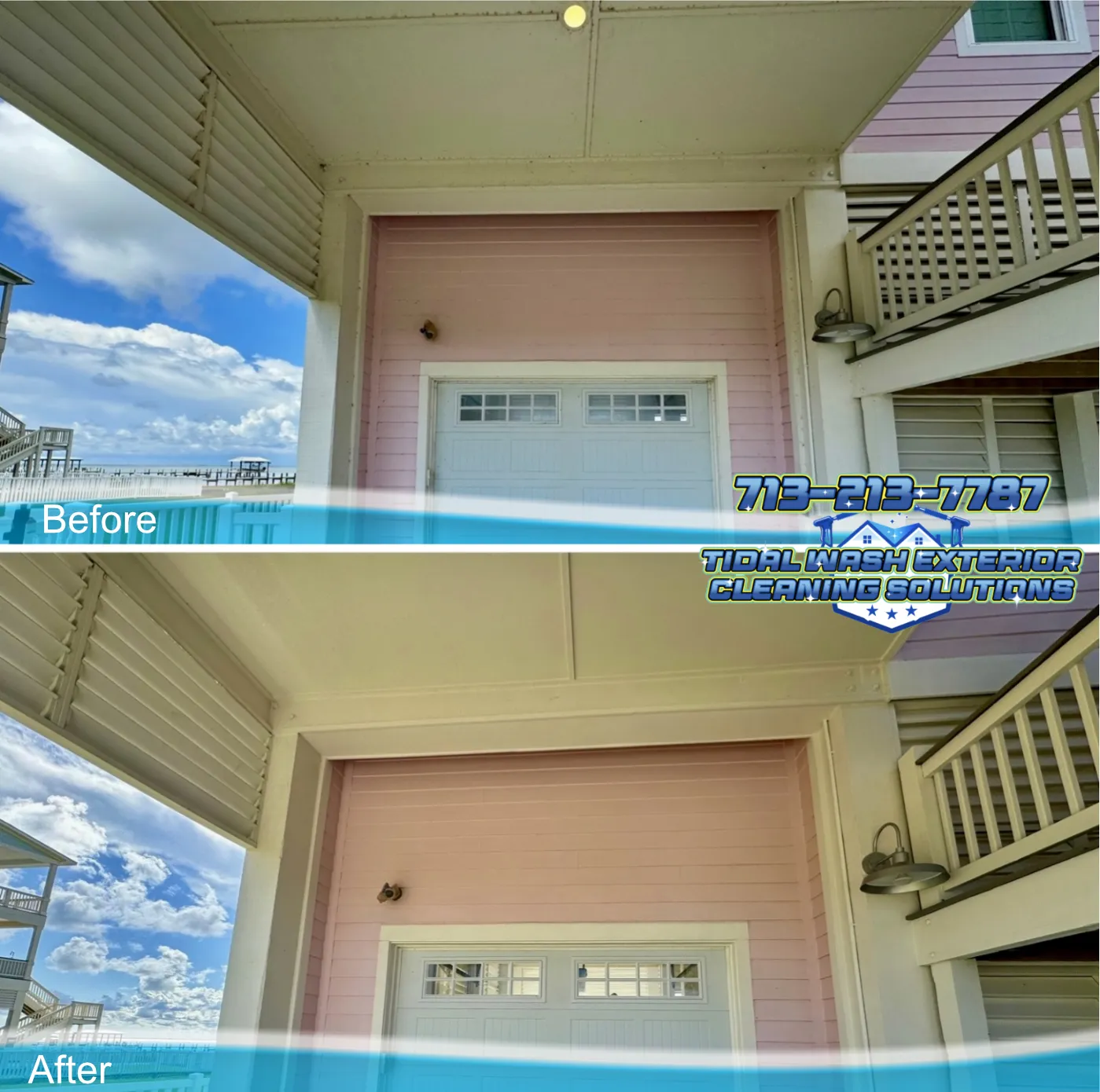 Softwash garage facade cleaning on Galveston beach house removing organic growth and buildup