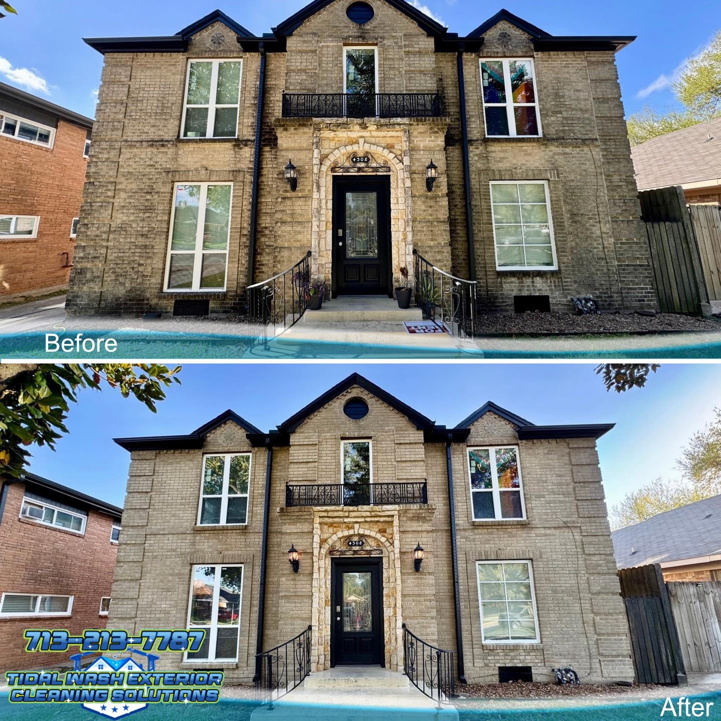 1937 brick home in Houston TX after house wash and concrete cleaning on front entry and driveway