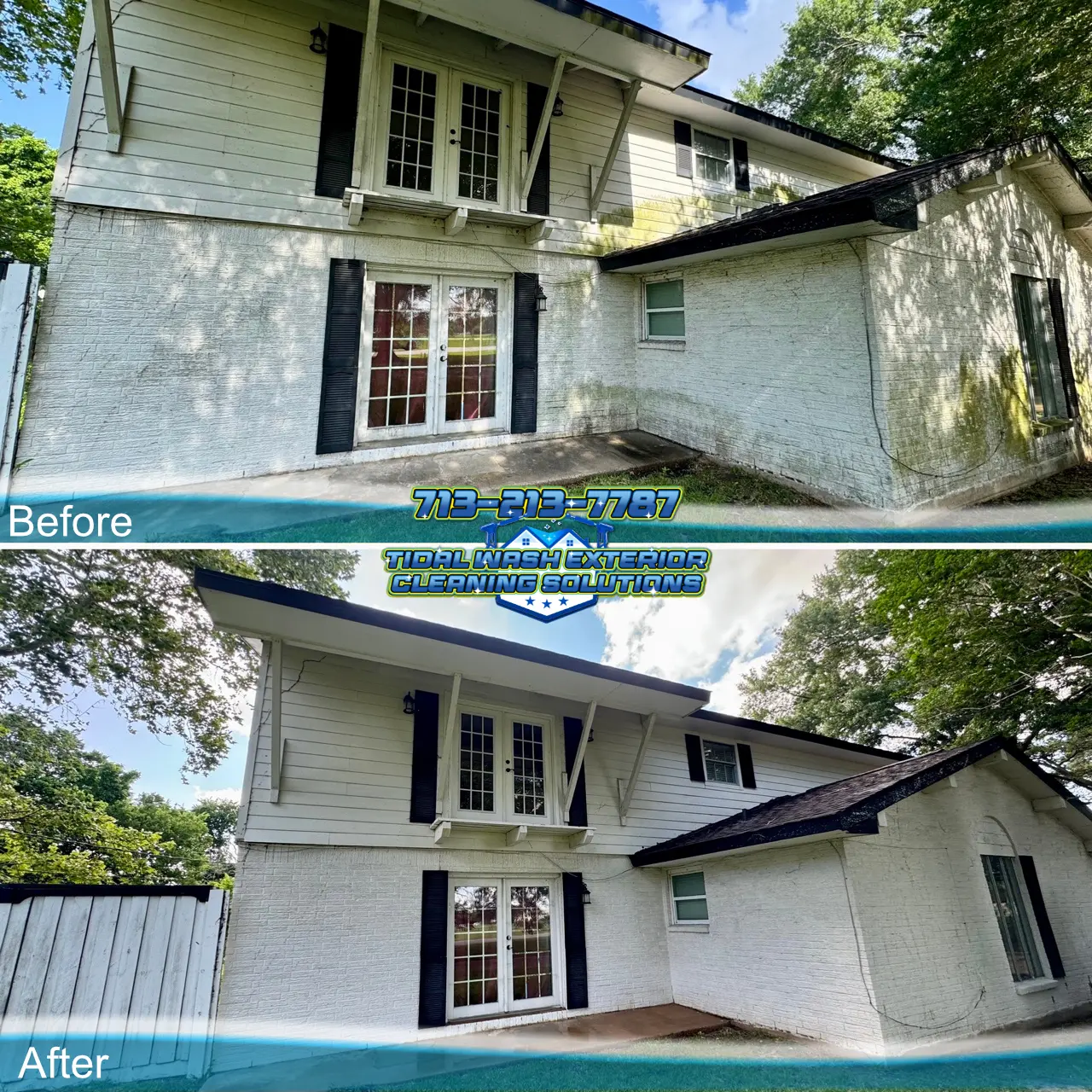 Pasadena Hardie Plank and Painted Brick House Soft Washing Summary Pasadena soft wash results on Hardie Plank siding, painted brick, and eaves before a home sale