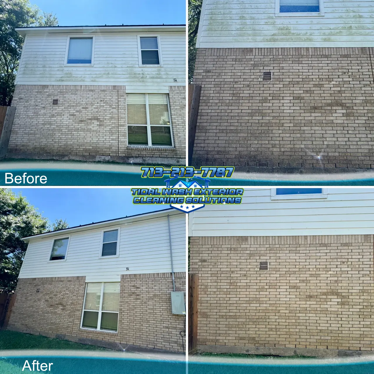 Pearland house soft washing summary showing cleaner Hardie Plank siding and brick in Sunrise Lakes