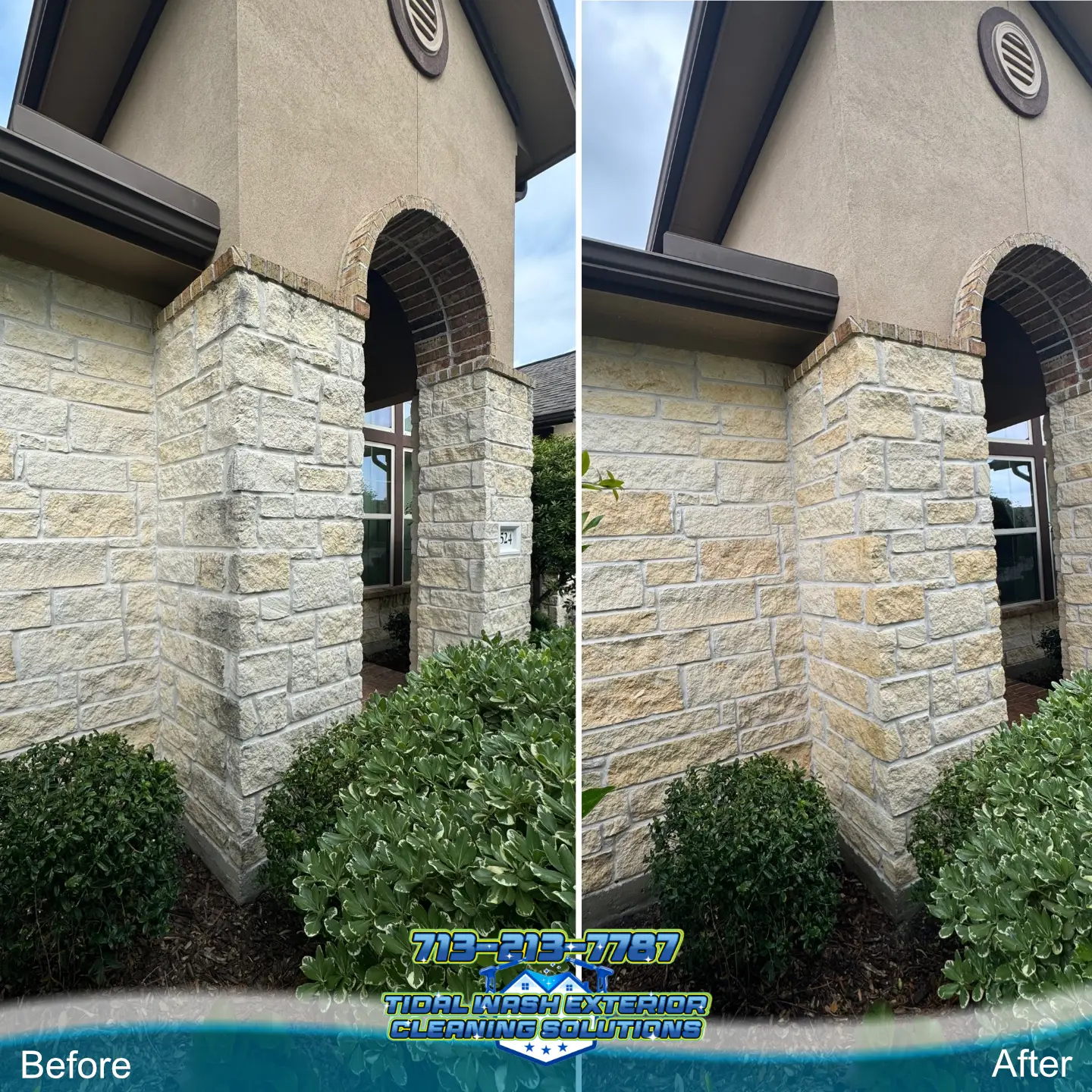 Pearland TX stone brick house corner after exterior cleaning in The Preserve at Highland Glen