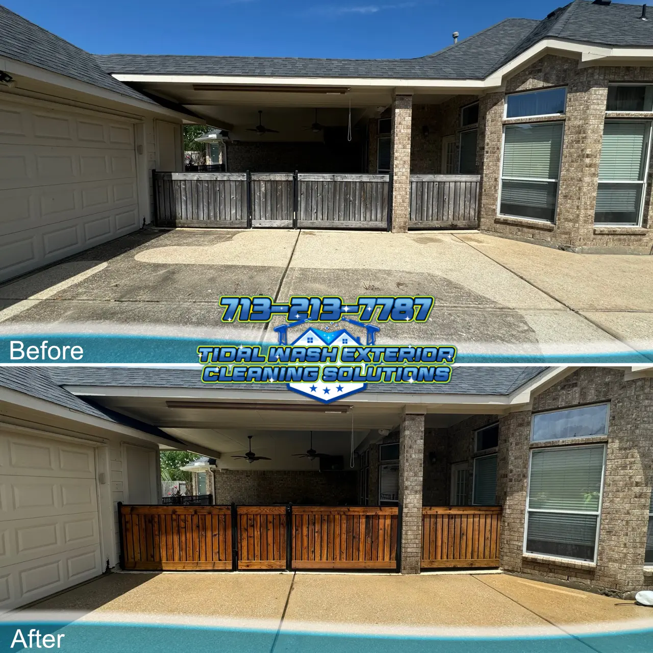 Before-and-after wood fence pressure washing and sealer results in Pearland, TX