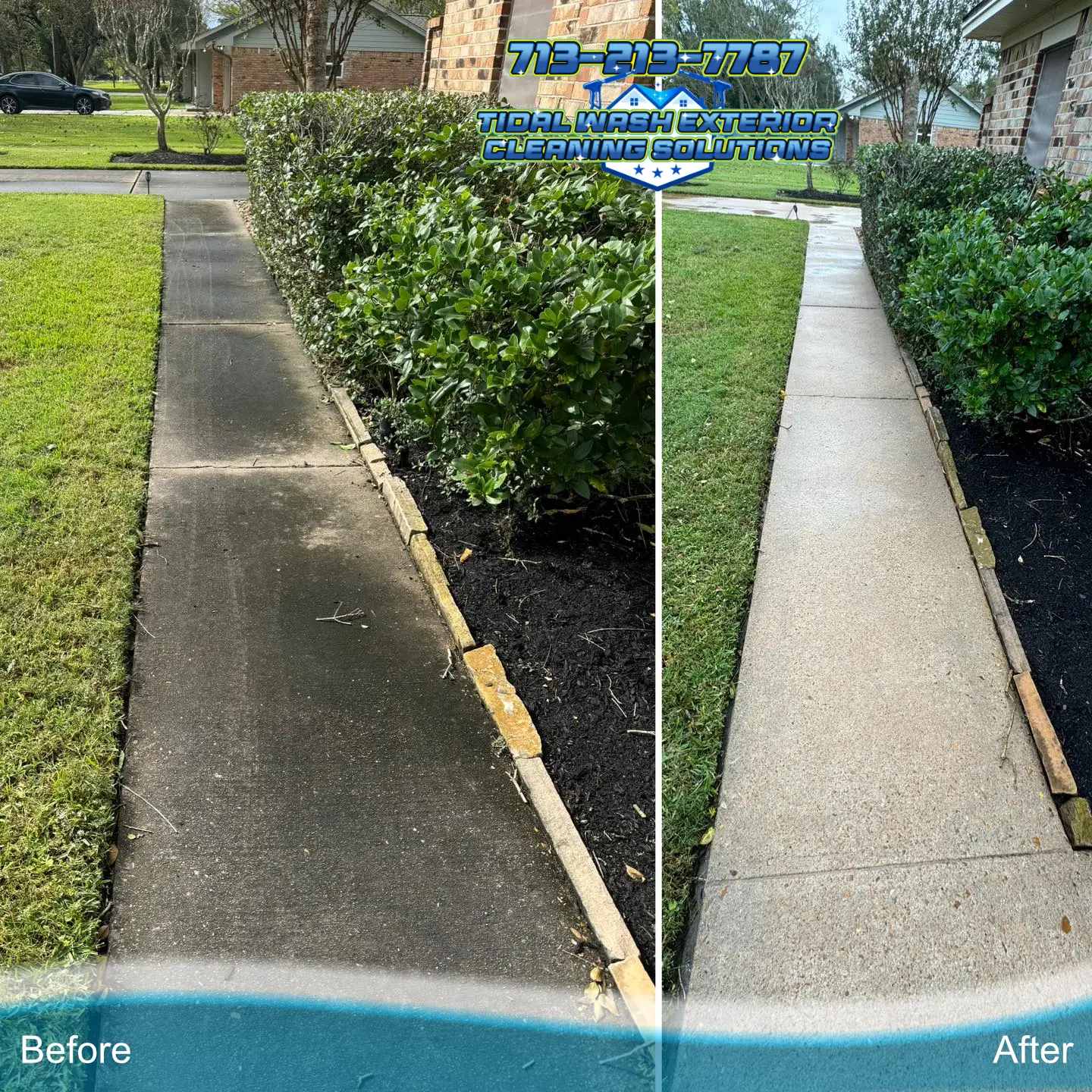 Shadycrest Pearland Brick & Walkway Cleaning Summary Summary photo of brick entry and concrete walkway cleaning in Shadycrest, Pearland TX