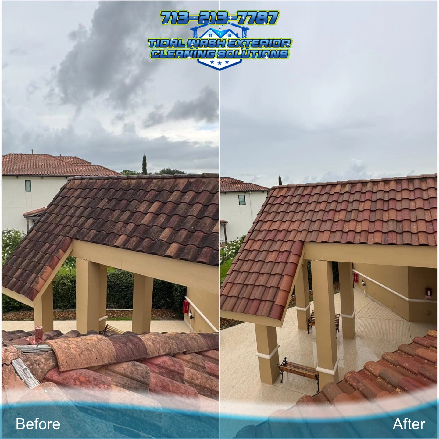 Softwash clay tile roof cleaning in Constellation Pointe HOA, restoring color and removing heavy organic buildup