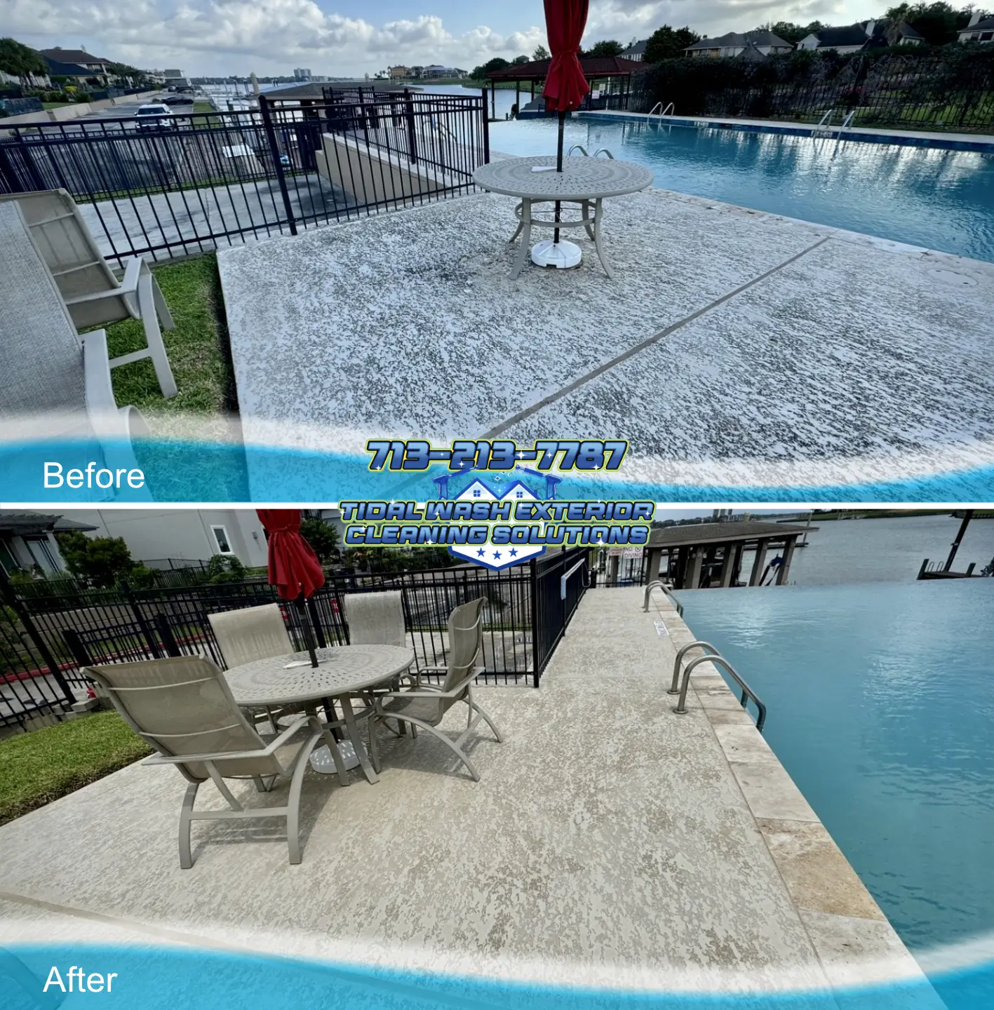 Summary image of softwash cleaning results for poolside and lounge areas at Constellation Pointe in League City