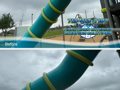 HOA playground tube slide fully cleaned using soft washing services in Rosharon, TX.