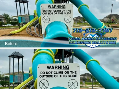 Side-by-side before and after photos of playground slide signage cleaned by soft washing.