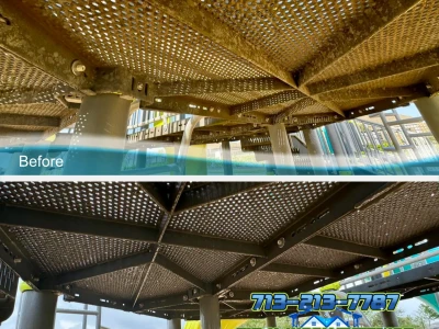 Underside of playground equipment cleaned by Tidal Wash soft washing team in Rosharon.