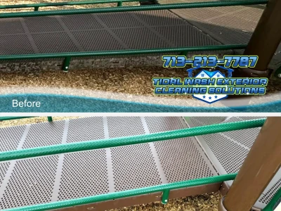 Cleaned metal walk path at the playground using eco-friendly soft washing in Rosharon, Texas.