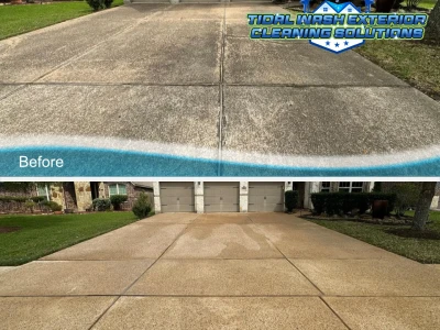 Before and after of a driveway in Galveston showing deep pressure washing results.