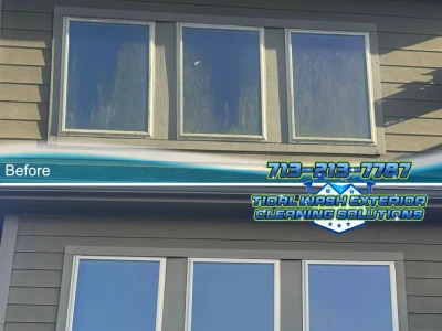 Client-supplied before and after photo, mop and squeegee window cleaning, Pearland TX