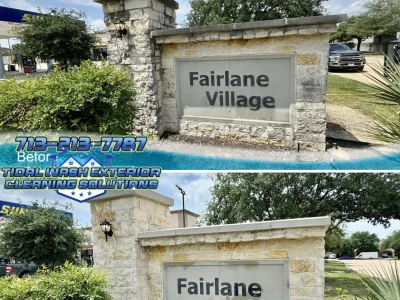 Subdivision entrance brick sign soft washed with safe, eco-friendly detergents.