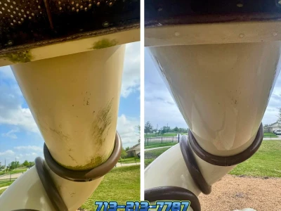 Before and after soft wash of a community jungle gym and play surface cleaned by Tidal Wash.