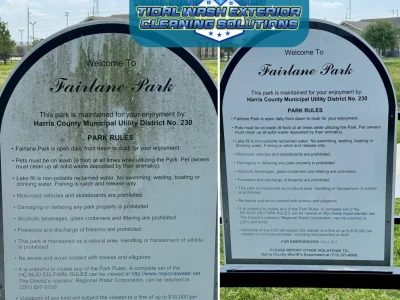 Restored community park entrance sign shown in before and after soft wash image by Tidal Wash.