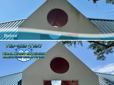 Side-by-side image showing the pool deck and seating area cleaned with soft wash methods.