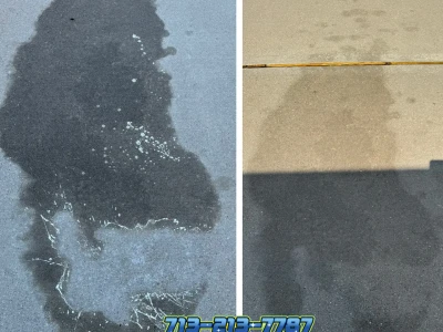 Close-up photo comparison of oil stain before and after concrete cleaning in Hidden Lakes