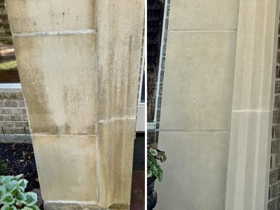 Close-up view of stone entry before and after algae and mildew cleaning