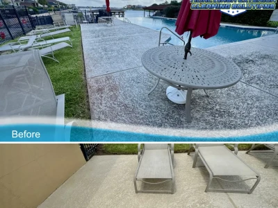 Second set of before and after images showing poolside lounge concrete cleaning results