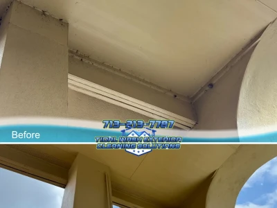 Ceiling of pool pavilion cleaned with softwash, showing side-by-side comparison before and after