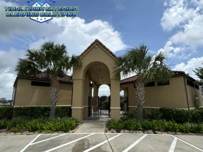 Final after shot of pool pavilion’s cleaned concrete entry and walkway area