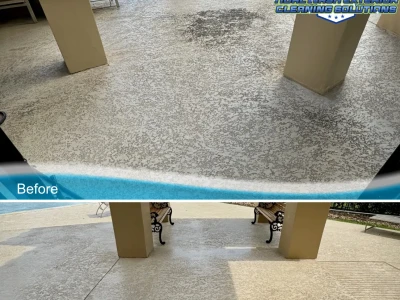 Side-by-side of softwashed concrete entry surfaces at Constellation Pointe pool pavilion
