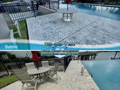 Third angle showing cleaned poolside concrete lounge areas after softwash