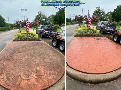 Before and after view of concrete paver median at subdivision entry in League City