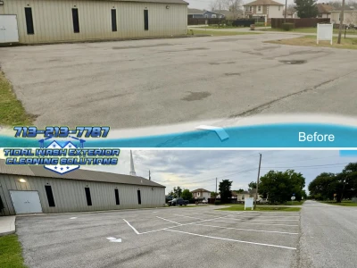 Rear view showing before and after of asphalt parking lot line striping at James Temple Church