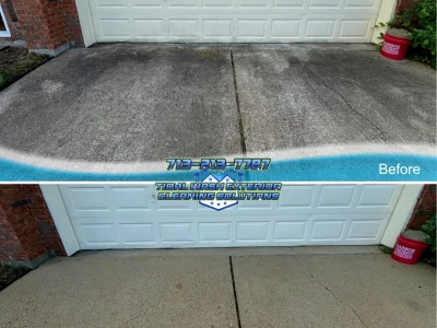 Before and after concrete driveway cleaning in Village Grove, Pasadena TX showing full organic removal