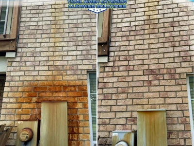 Wide angle of brick surface showing dramatic rust removal transformation in Houston, TX