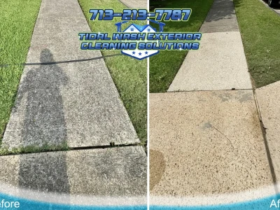Curbside sidewalk before and after concrete cleaning in Pasadena TX – grime and algae removed