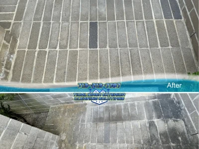 Close-up before and after photo of cleaned brick entry in Banbury Cross subdivision