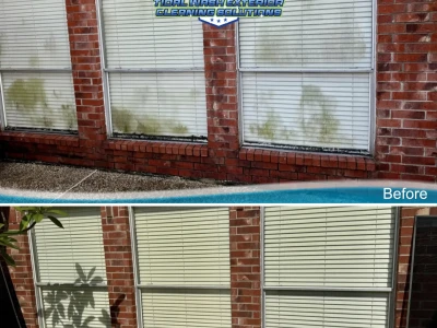 Before and after of window clean with brick trim and concrete slab in Village Grove East Pasadena TX