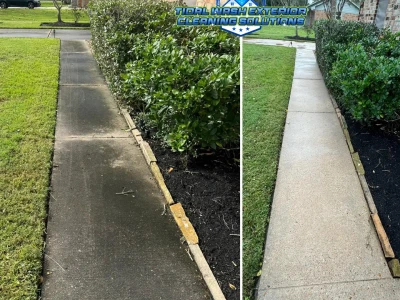 Front entry brick and concrete walk path cleaning in Shadycrest, Pearland TX — restored finish