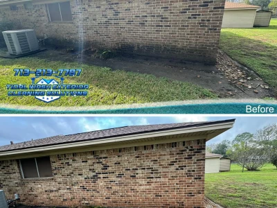 Detailed softwash results on brick and concrete walkway in Shadycrest, Pearland TX