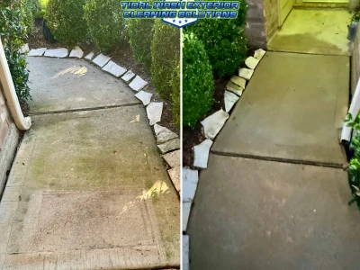 Second view before-after of front entry concrete cleaning at a Westover Park home, League City, TX