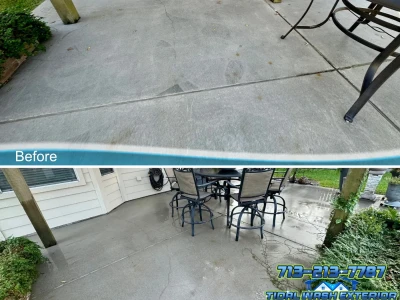 Before-after of back patio concrete cleaning removing algae in Westover Park, League City, TX