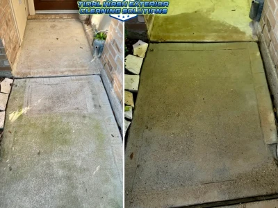 Before-after of front entry walkway concrete cleaning in Westover Park, League City, TX