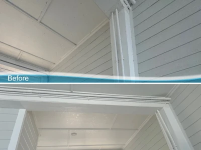 Before and after transformation of beach house Hardie board exterior with softwash