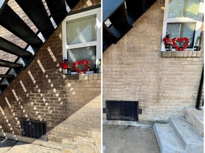 Before and after side brick cleaning with walkway and entry stairs cleaning in Houston TX