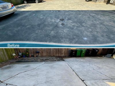 Before and after driveway concrete cleaning with mildew removal at Houston historic home