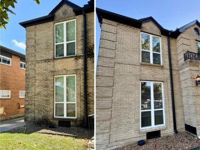 Before and after front brick and gutter cleaning at a historic Houston TX home