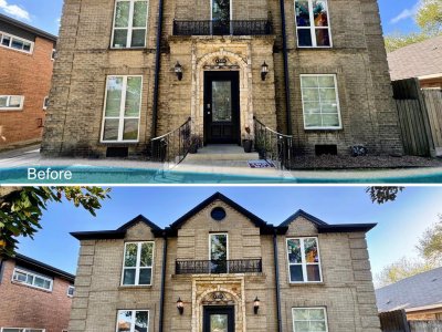 Before and after of front brick house wash and entry concrete cleaning at historic Houston home