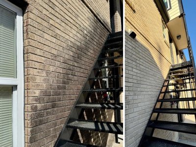 Before and after side brick cleaning and metal stair washing at historic home in Houston TX
