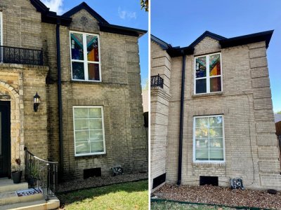 Before and after front brick cleaning of a historic 1937 home in Houston TX